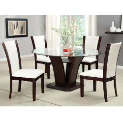 Manhattan Dark Cherry Finish 5-Piece Round Glass Top Dining Table Set / Ivory White Leatherette