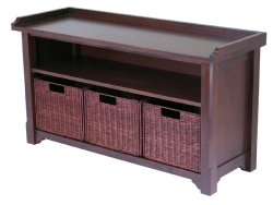 Winsome Wood MilanWood Storage Bench in Antique Walnut Finish with Storage Shelf and 3 Rattan Baskets in Antique Walnut  Finish