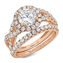 2.6 Ct Round Cut Pave Halo Bridal Engagement Wedding Anniversary Ring Band Set 14K Rose Gold, Clara Pucci