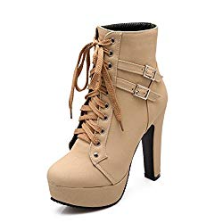 Susanny Women Autumn Round Toe Lace Up Ankle Buckle Chunky High Heel Platform Knight Beige Martin Boots 13.5 B (M) US (CN Size_47)